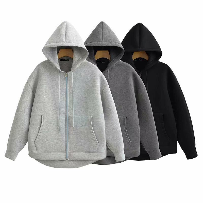 Veste d'automne pour femme grise et noire à capuche, à manches longues, zippée, coupe ample, décontractée, avec grandes poches, manteau d'extérieur