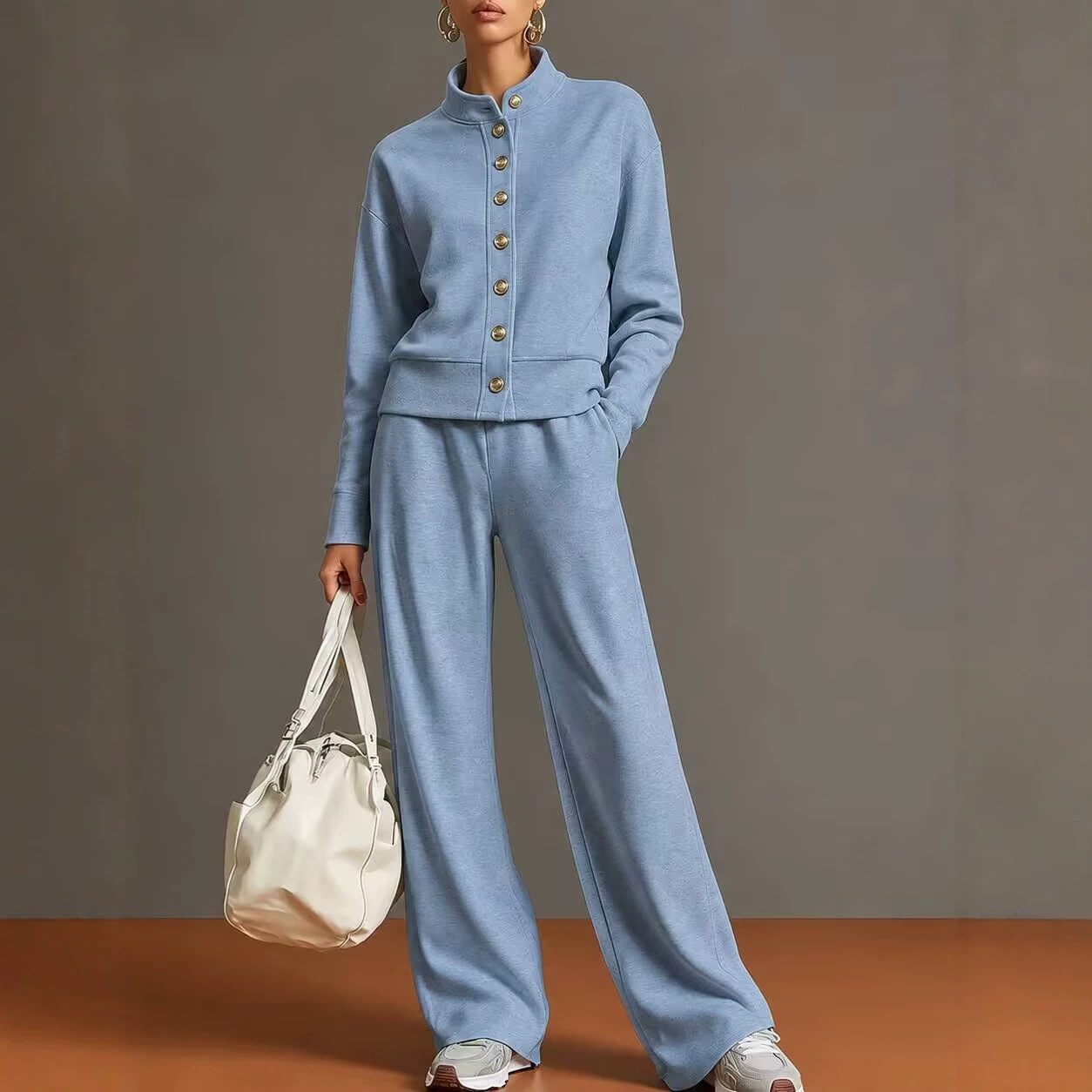 Ensemble 2 pièces pour femmes : veste courte à col montant et boutons sur le devant, hauts à manches longues, pantalon à jambes larges et taille élastique, ensemble uni et décontracté.