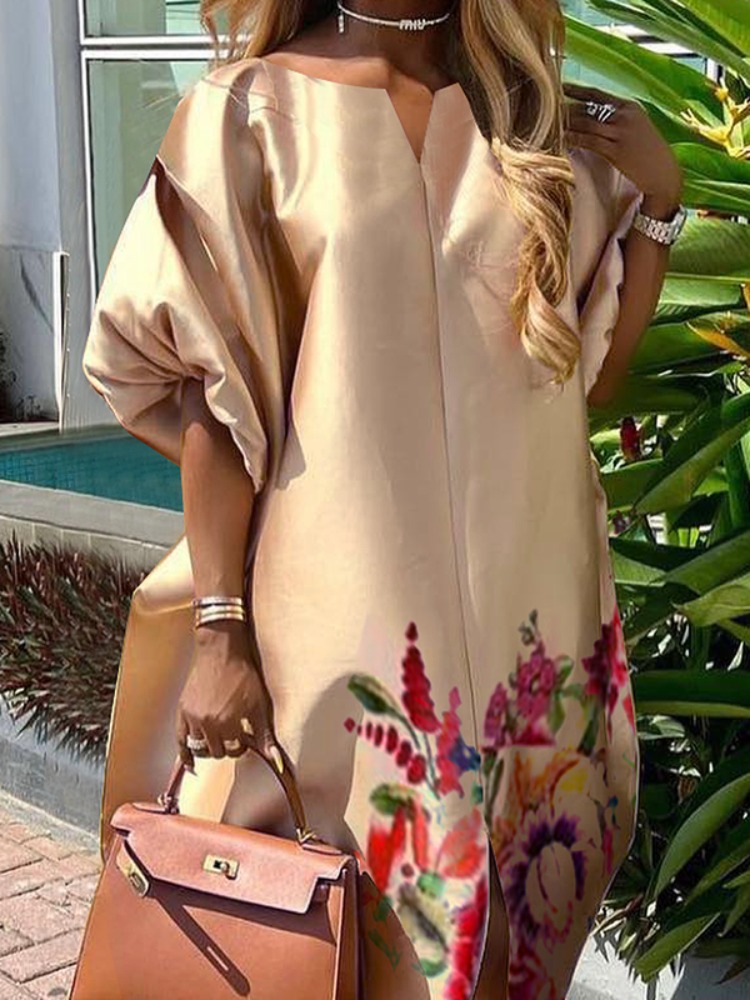 Robe longue décontractée en satin pour femme, imprimé floral, col en V, manches bouffantes, élégante pour soirées et fêtes, collection été 2026