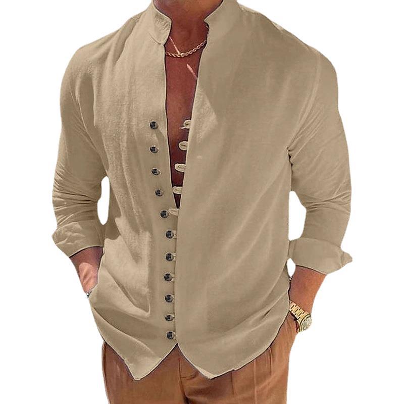 Chemisier d'été en coton et lin pour hommes, chemise ample décontractée à manches longues, couleur unie, cardigan à boutons, col haut, vêtements pour hommes