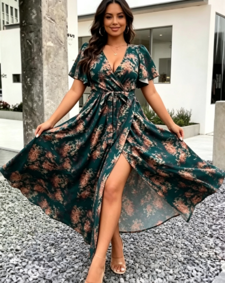 Robe longue élégante à imprimé bohème vert turquoise et marron pour femmes, col croisé, design à ourlet en A, convient aux occasions formelles