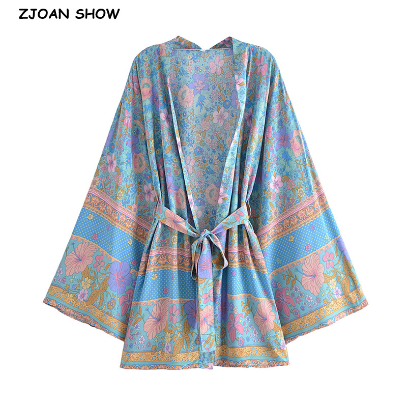 Kimono Bohème pour Femme, Imprimé Fleurs Bleues et Roses, avec Nœuds, Cardigan Mi-Long, Blouse d'Été, Cape de Plage