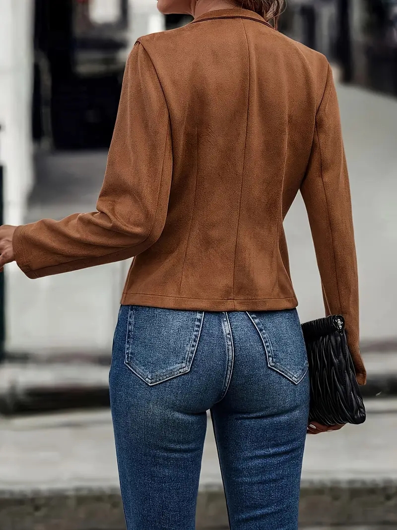 Veste courte en daim pour femme, col montant, ouverte sur le devant, avec détail plissé, pour l'automne et l'hiver, style décontracté