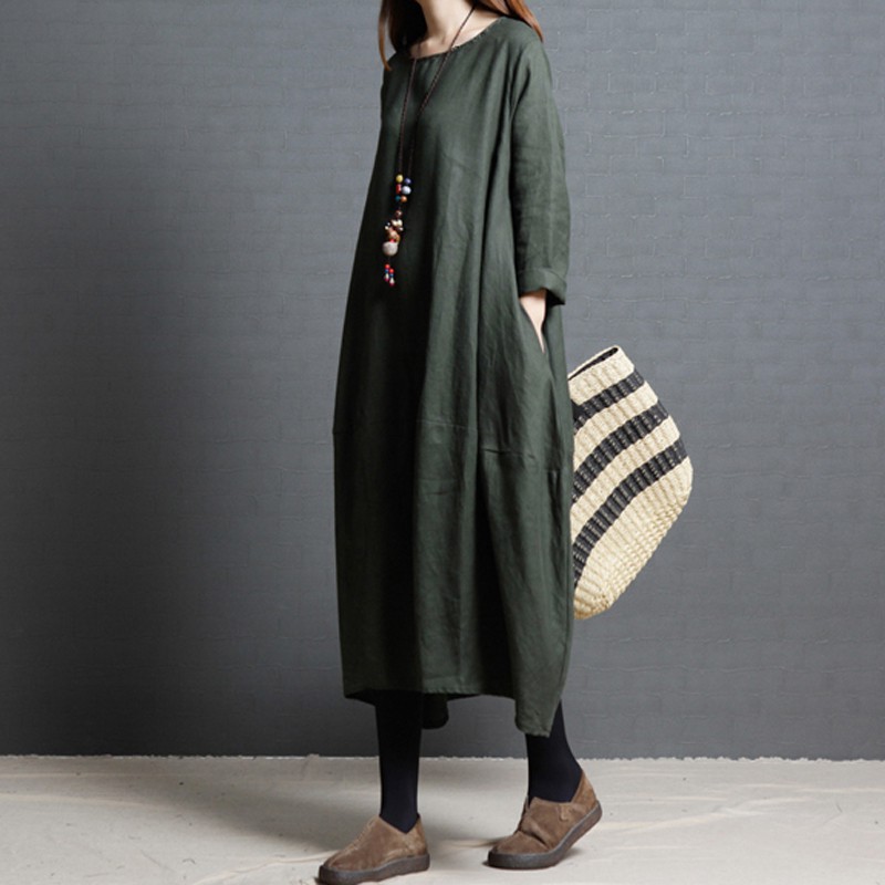 Robes pour femmes 2026 Nouvelle collection Printemps-Automne, amples, col rond, en coton et lin, manches longues, vêtements pour femmes, vestidoes