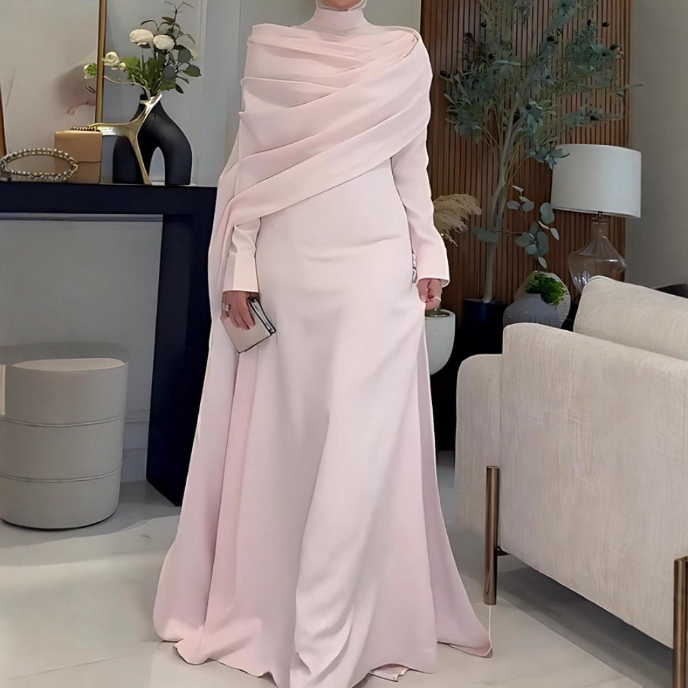 Robe longue moulante à manches longues style châle pour femme, élégante et gracieuse, avec grand ourlet, idéale pour les banquets, les rendez-vous, les trajets quotidiens et les soirées.