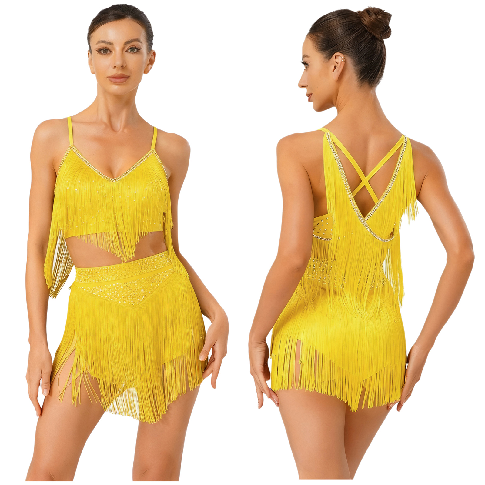 Tenue de danse latine pour femmes, rumba, avec strass et franges, haut court dos nu et mini-jupe à volants, pour la danse cha-cha et tango