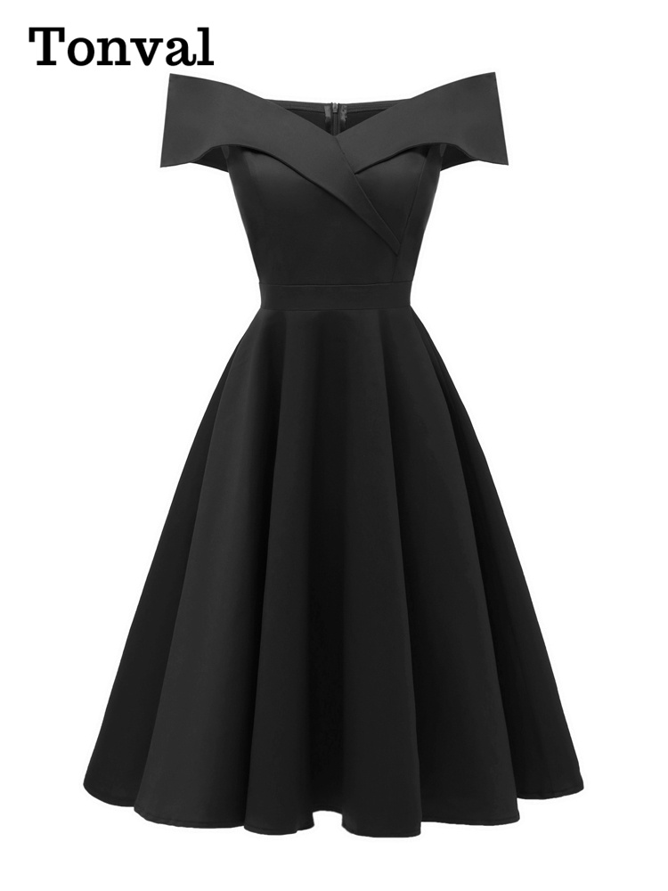 Tonval Vintage hors de l'épaule fête Sexy soirée robes d'anniversaire bal élégant femmes ajustement et évasé robe en coton