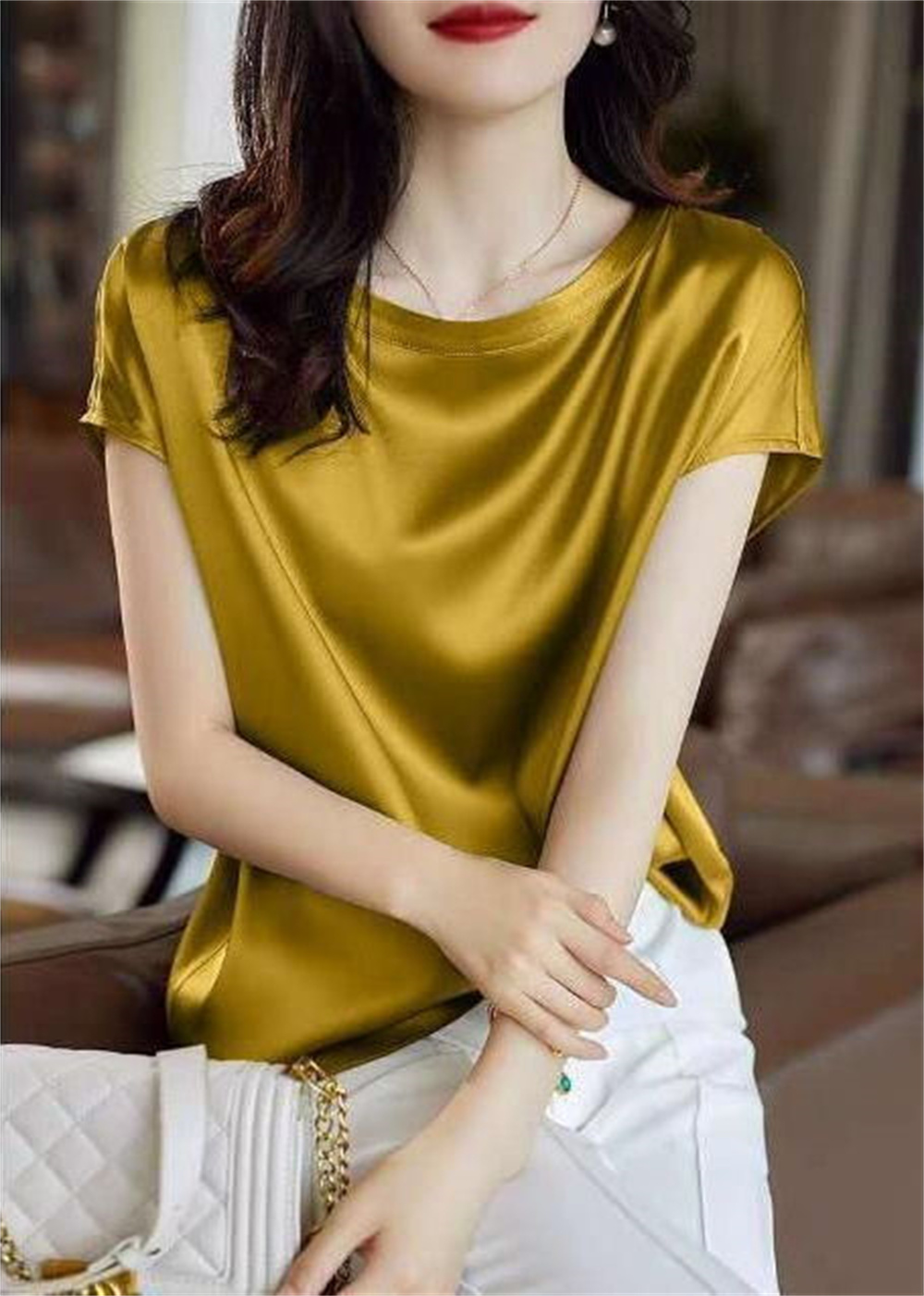 Chemises en satin de soie pour femmes, t-shirts à manches courtes lisses et brillants, chemisiers pull décontractés, amples et élégants, hauts de travail