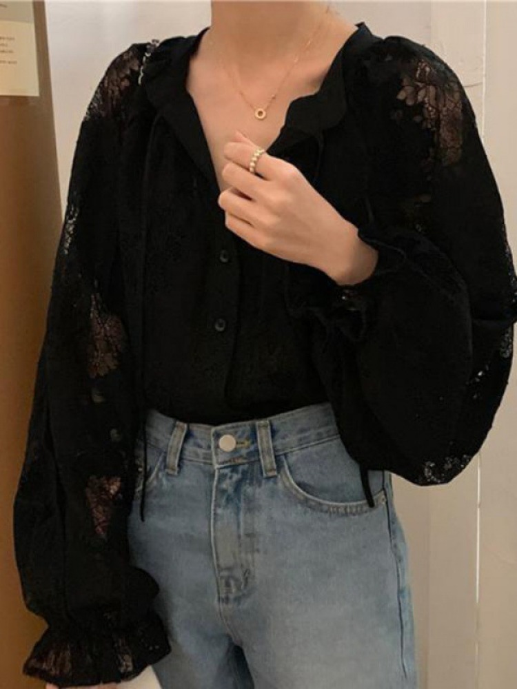 Blouses pour femmes 2026, manches longues, en dentelle, col en V, chemises amples d'automne, broderie lourde, transparentes, style vintage