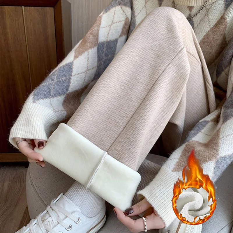 Hiver filles neige chaud taille haute pantalons thermiques femmes mode jambe droite en peluche pantalon dame mince polaire pantalon quotidien