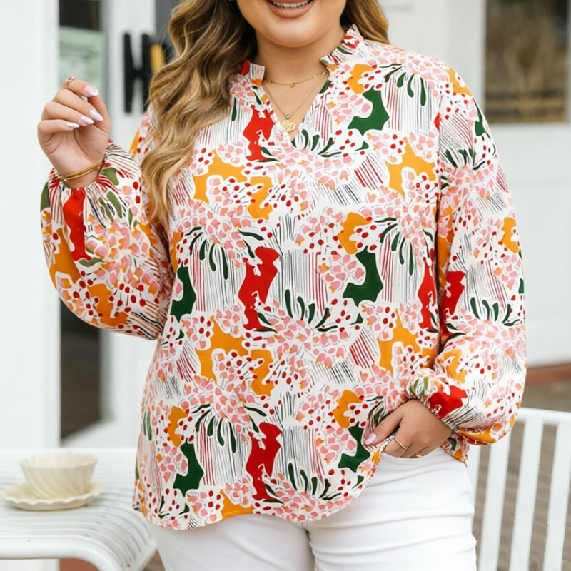Chemise pour femmes grandes tailles, imprimé floral abstrait, col en V, haut à manches longues à volants, coupe ample, convient à un usage quotidien