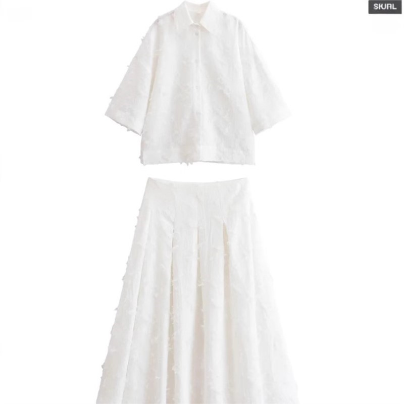 Femmes Design de mode gland Blouse jupe costume élégant blanc revers à manches longues chemise ample a-ligne plissée jupe Midi ensemble assorti