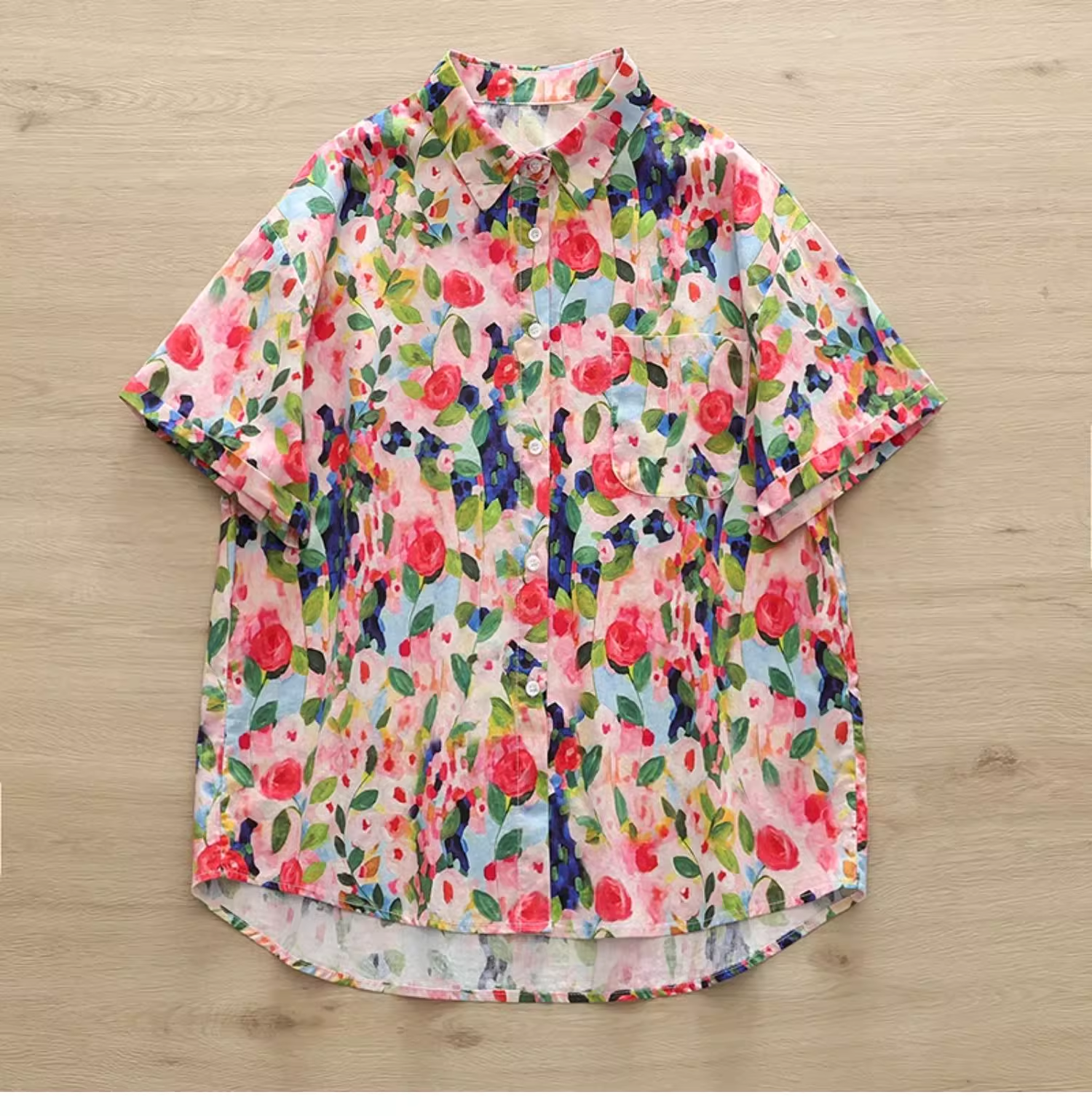 2026 Chemisier d'été pour femmes 100% coton rose peinture à l'huile chemises imprimées chemisiers à manches courtes pour haut pour femme vêtements pour dames