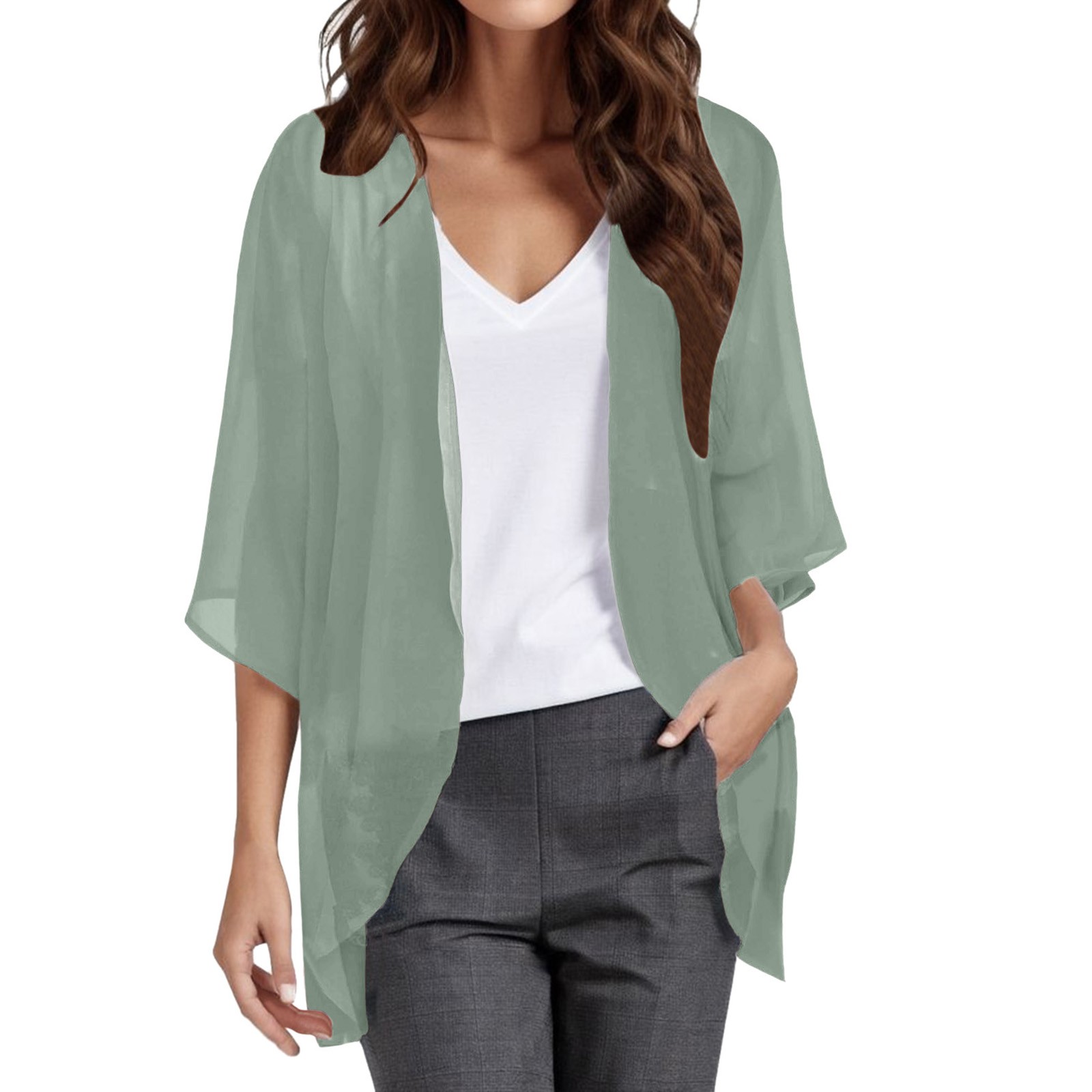 Kimono cardigan en mousseline pour femme, manches 3/4, léger, ouvert sur le devant, transparent, couleur unie, coupe ample, châle de plage décontracté pour l'été