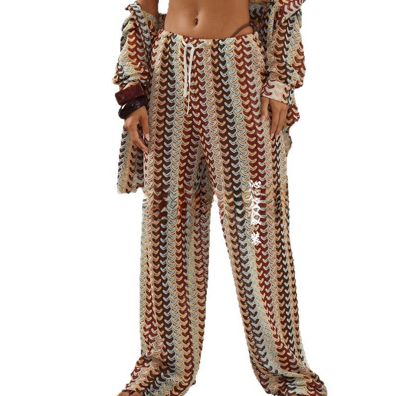 Pantalon de plage coloré à motif tissé ultra long pour femme, style sexy, motif filet, parfait pour les tenues de plage