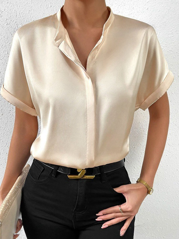 Femmes ruban de soie Satin Blouse hauts été dame à manches courtes bouton col montant Blouse chemises DFFZ-A0033