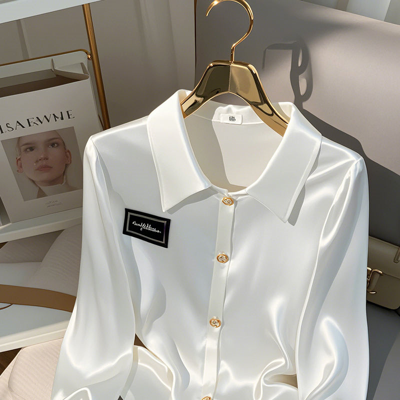 Chemisier en soie glacée blanc à manches longues, nouvelle collection 2026, haut tendance haut de gamme pour femme, été-automne