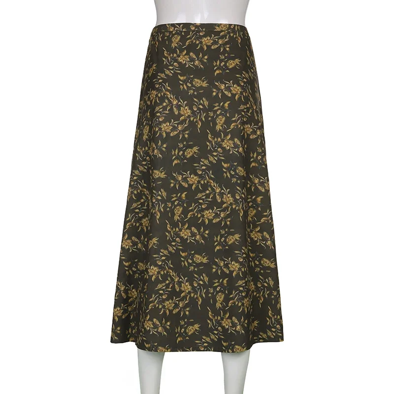 Robe d'été pour femmes, style vintage, jupe à motif imprimé feuilles brunes, taille basse, jupes à fleurs, tenues de plage, streetwear Y2k
