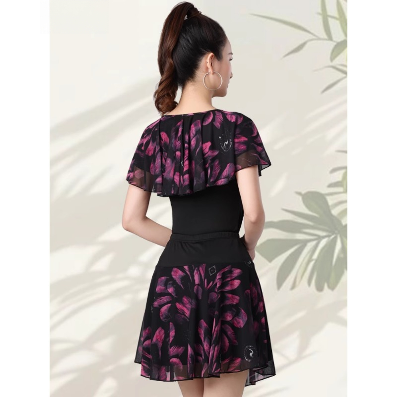 Robe de soirée pour femmes, Standard National, Costumes de danse latine, jupe en maille imprimée à manches courtes, tenue de danse élégante