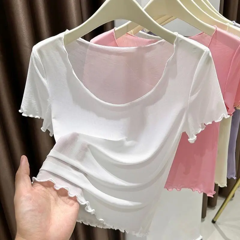 T-shirt en maille de soie glacée à col bas et manches courtes pour femme, style court, transparent, à trame fine, avec bordure renforcée, idéal comme sous-vêtement ou base pour l'été