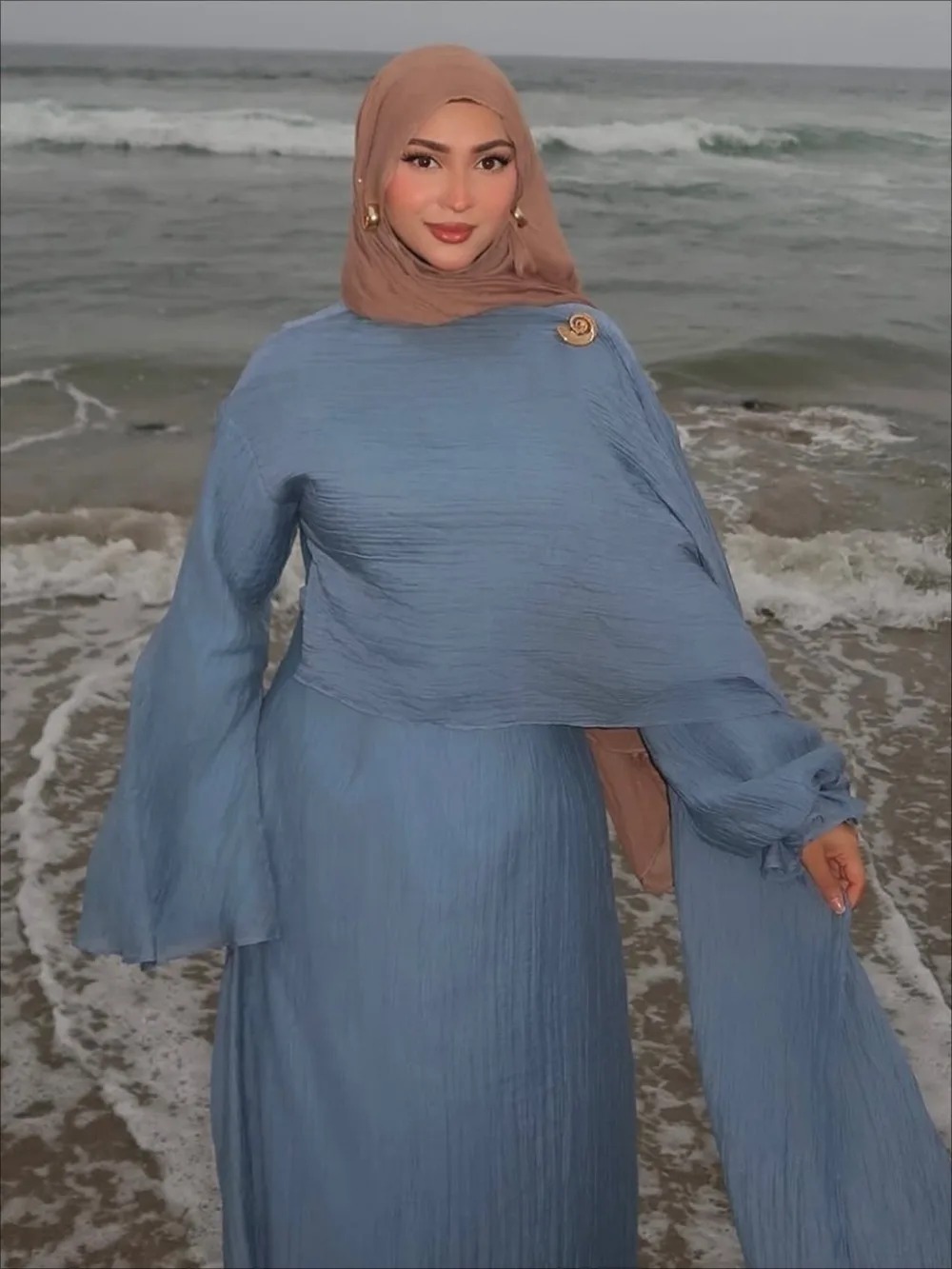 Eid femmes Double couches Robe Abaya musulman longue Robe Jalabiya Ramadan solide plissé robes Largos Islam robes de soirée arabe