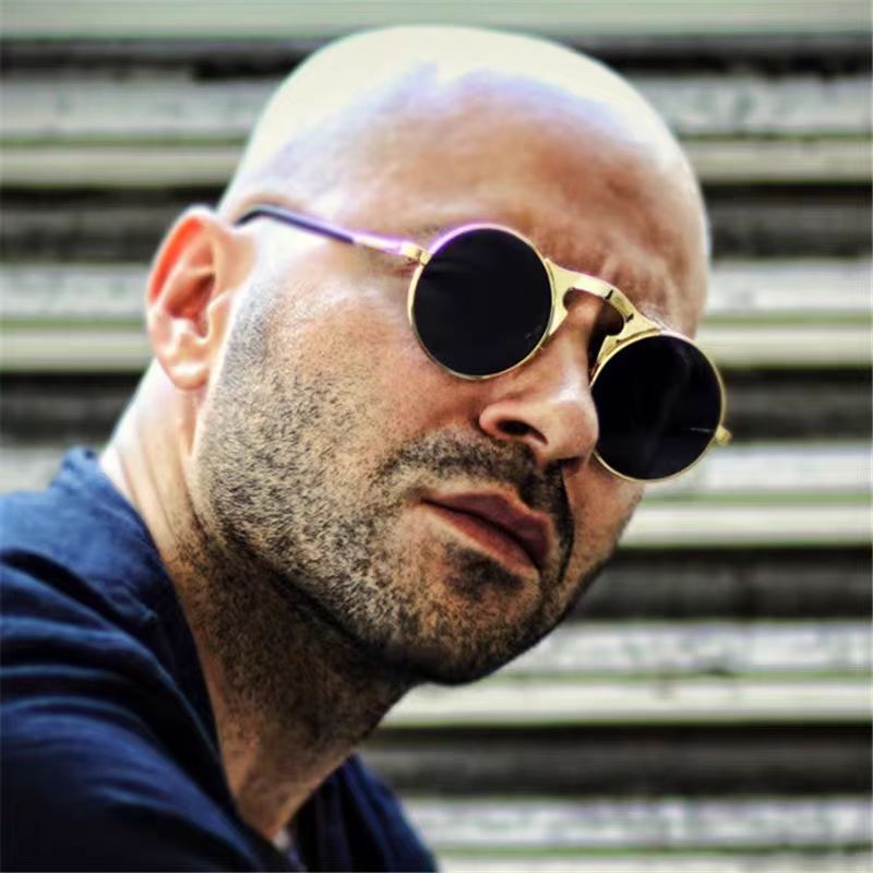 Lunettes de soleil rondes rétro steampunk rouges pour hommes et femmes, monture en métal doré, style gothique punk, pour fêtes et cosplay