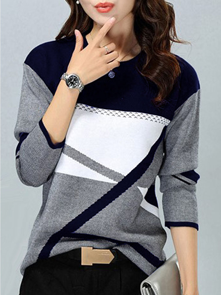 Femmes hiver Blouses t-shirt contraste géométrique à manches longues imprimé lâche femmes chemises printemps automne élégant montre de sport S-5XL