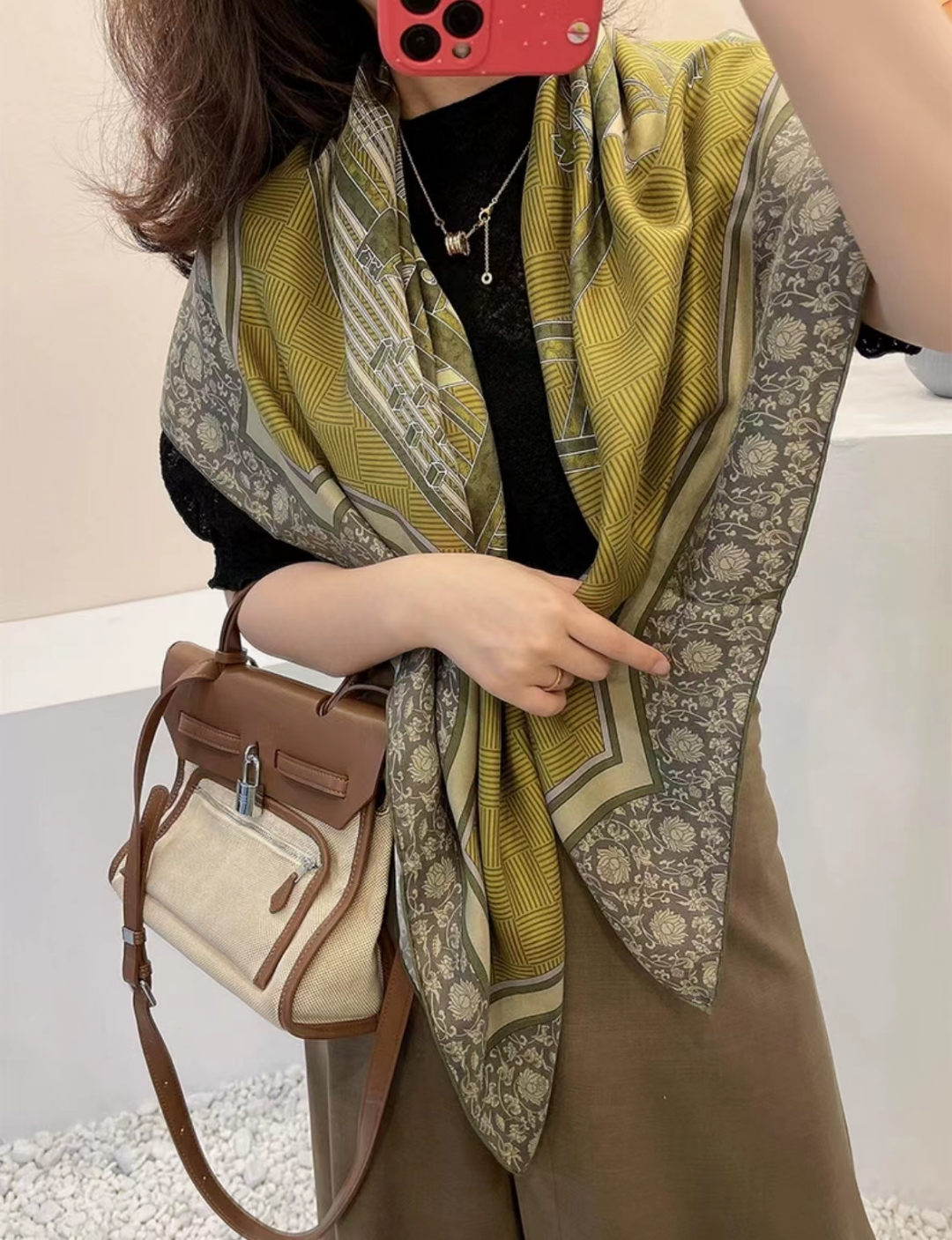 BYSIFA-Foulard Hijab Carré pour Femme, Grand Châle Paisley, Vert Armée, 100% Naturel, Marque de Mode, Automne et Hiver