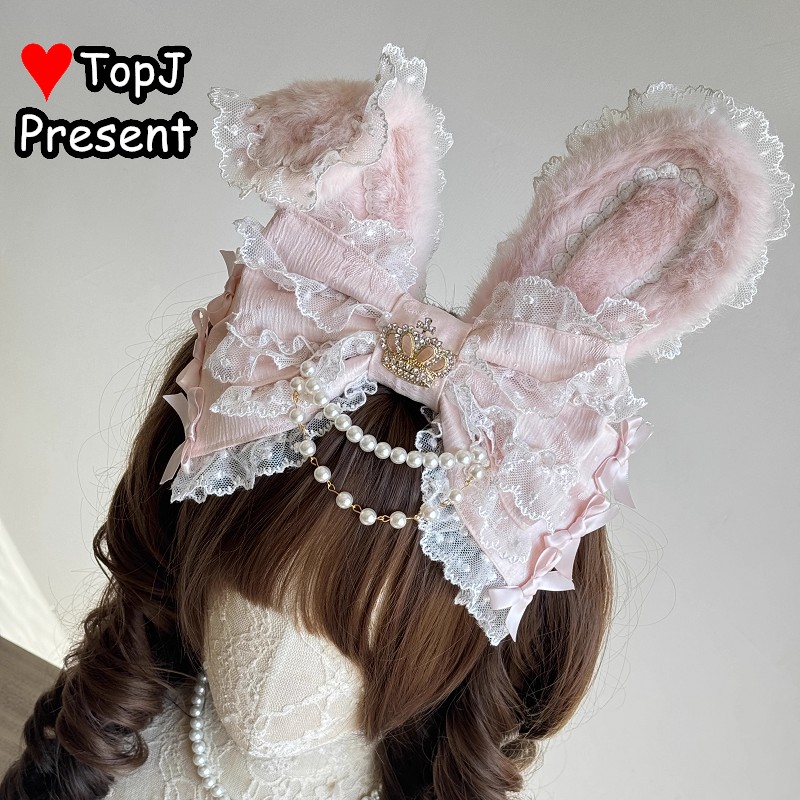 Serre-tête Lolita Gothique Élégant à Oreilles de Lapin Japonais, en Dentelle et Perles, avec Volants, Accessoire de Coiffure