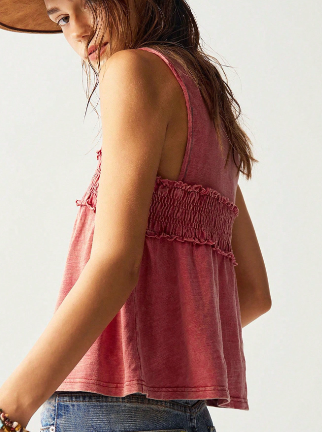 Débardeur en coton coloré pour femme, col en V, à nouer devant, avec volants et smocks, style vintage délavé, coupe ample, camisole bohème décontractée