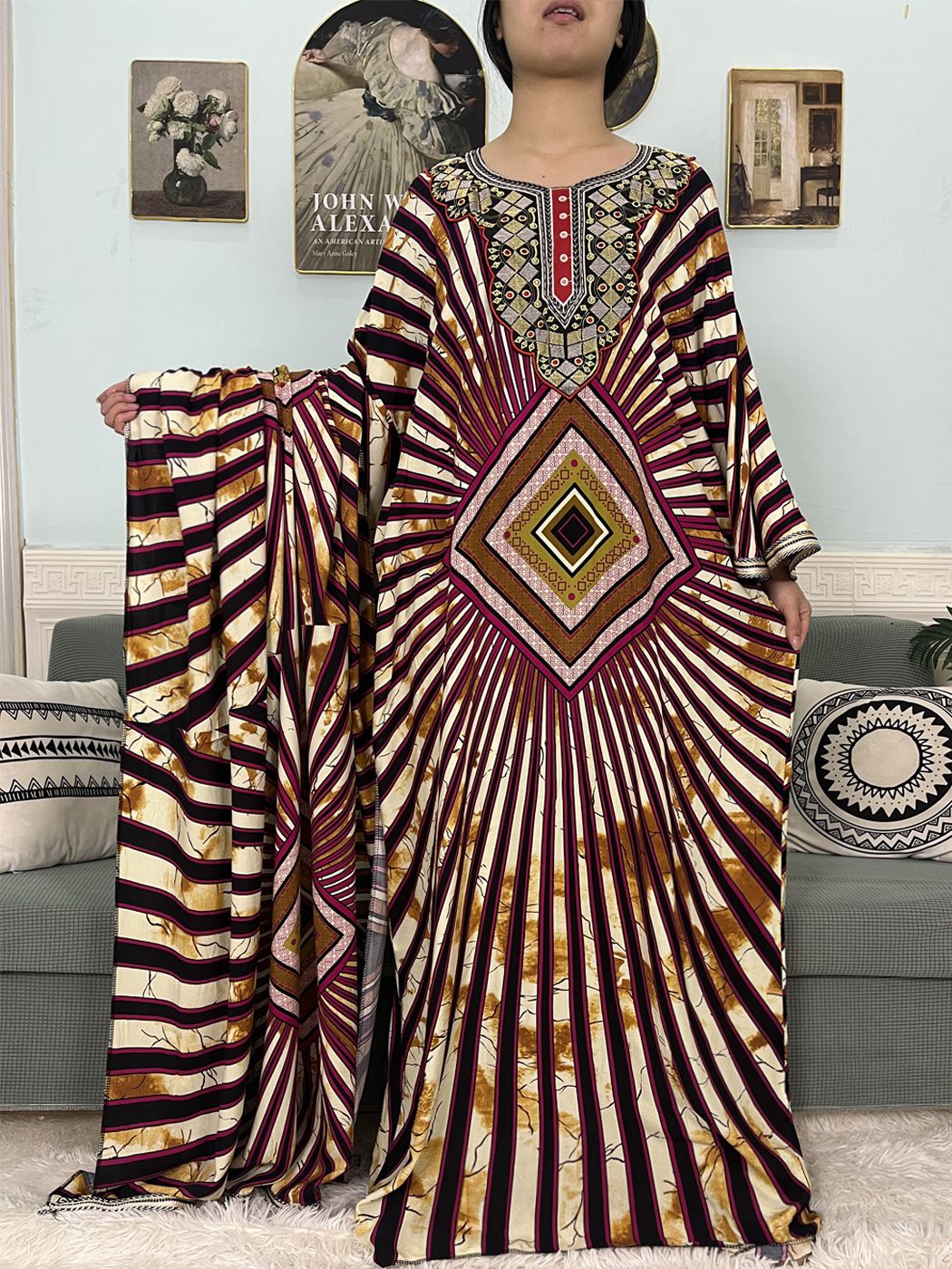 Abayas Musulmanes pour Femmes, Ensembles de Vêtements de Prière Imprimés en Coton, Robe Africaine avec Grande Écharpe 150x165cm