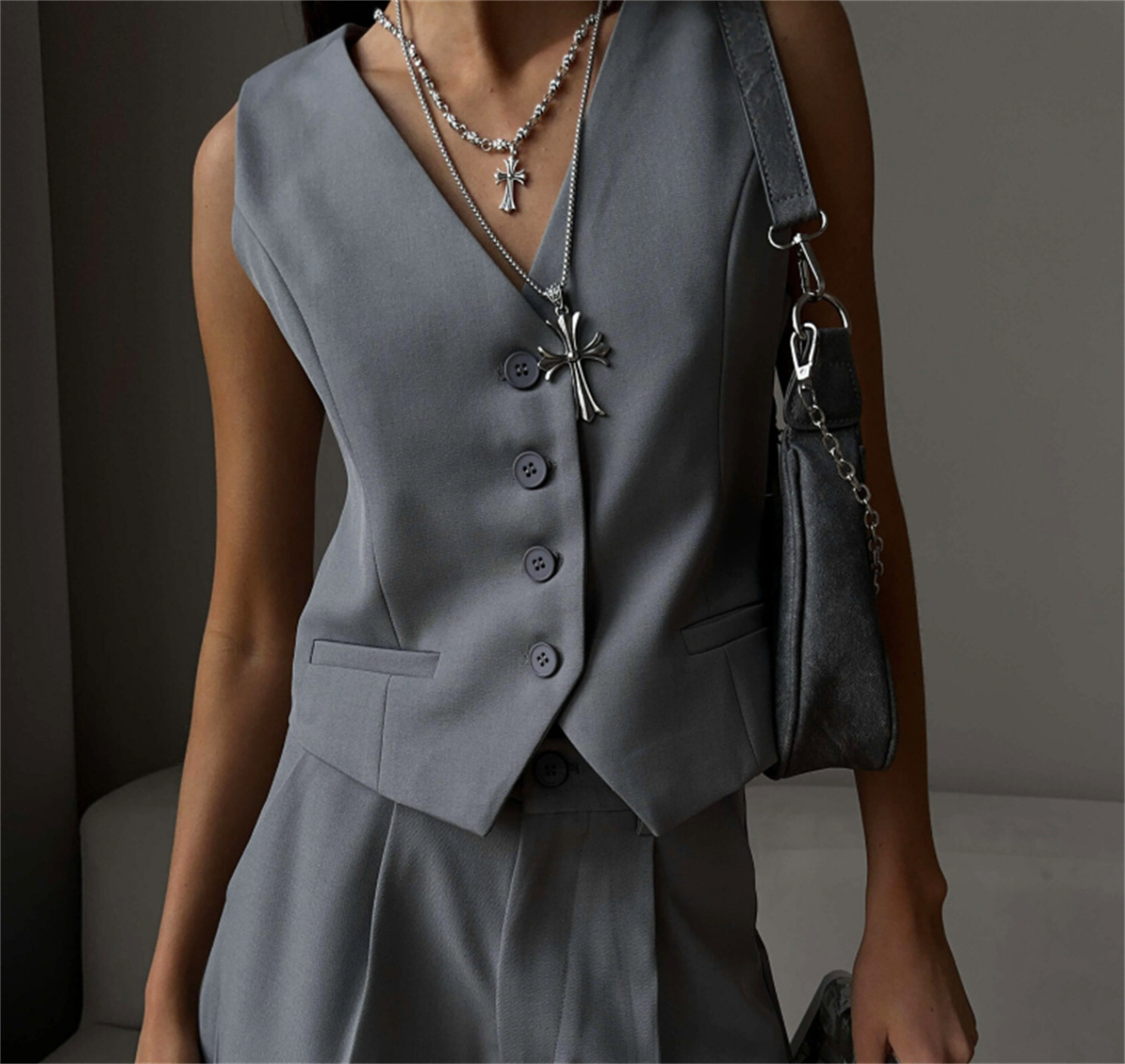 Femmes mode sans manches costume gilet solide simple boutonnage col en V hauts élégant bureau dame vêtements mince décontracté rue Cardigan