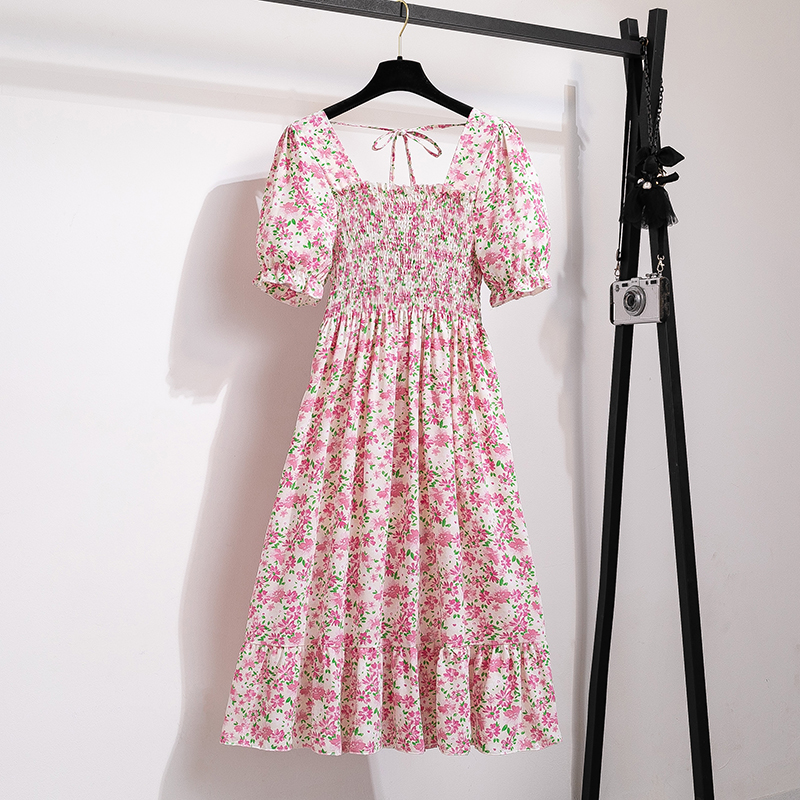 Robe d'été plissée en mousseline de soie pour femmes, tenue décontractée, plage, vacances, manches courtes, col carré, mi-longue, style bohème