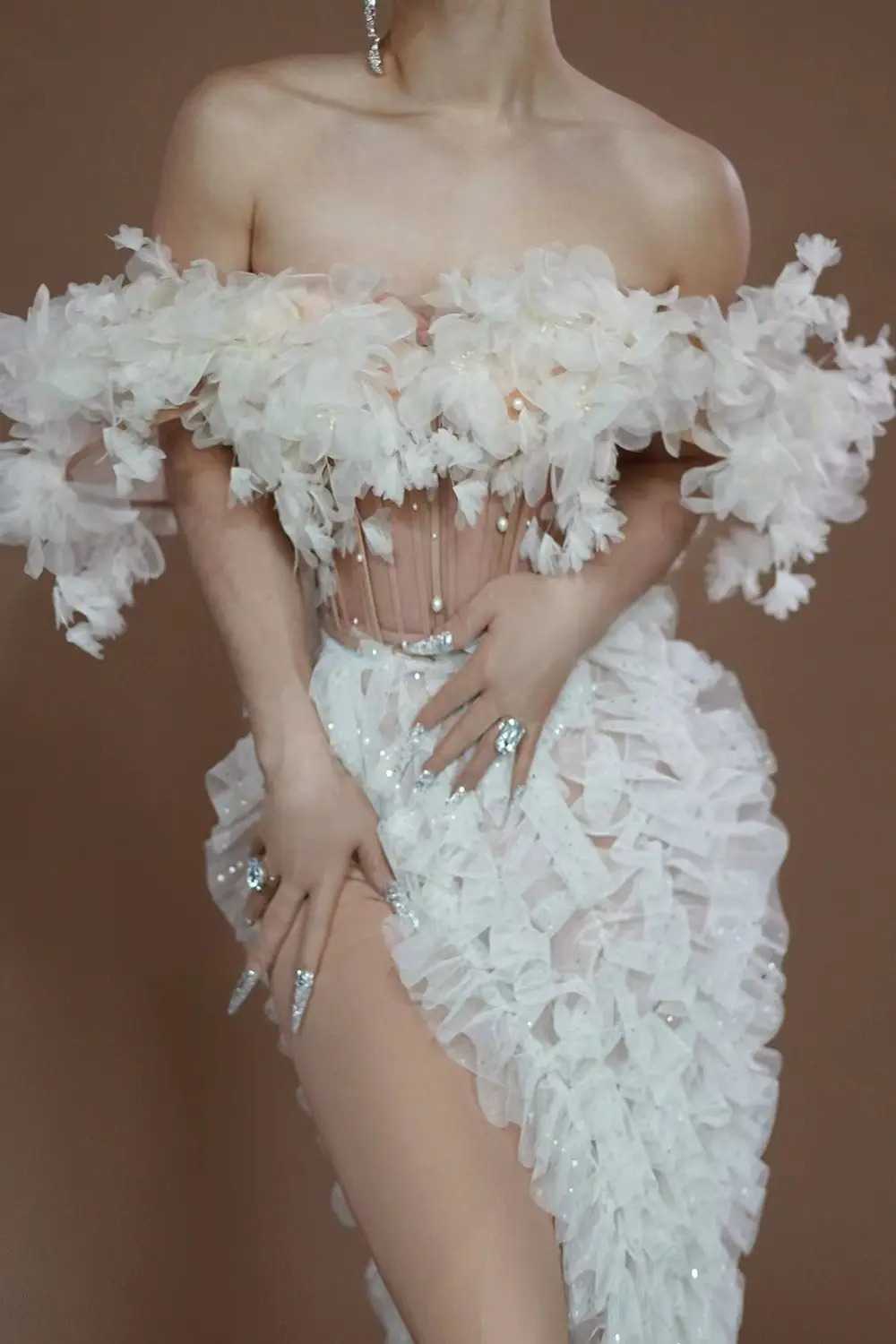 Robe en dentelle blanche à sequins pour femmes, haut et jupe sexy, tenues de fête d'anniversaire, mariage sur scène, drag queen, 303, 2 pièces
