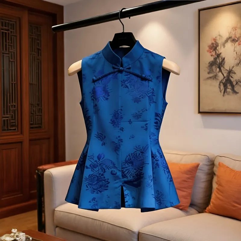 Chemisier élégant de style chinois pour femmes, avec motif floral, col mandarin, sans manches, coupe ajustée, vêtements d'été