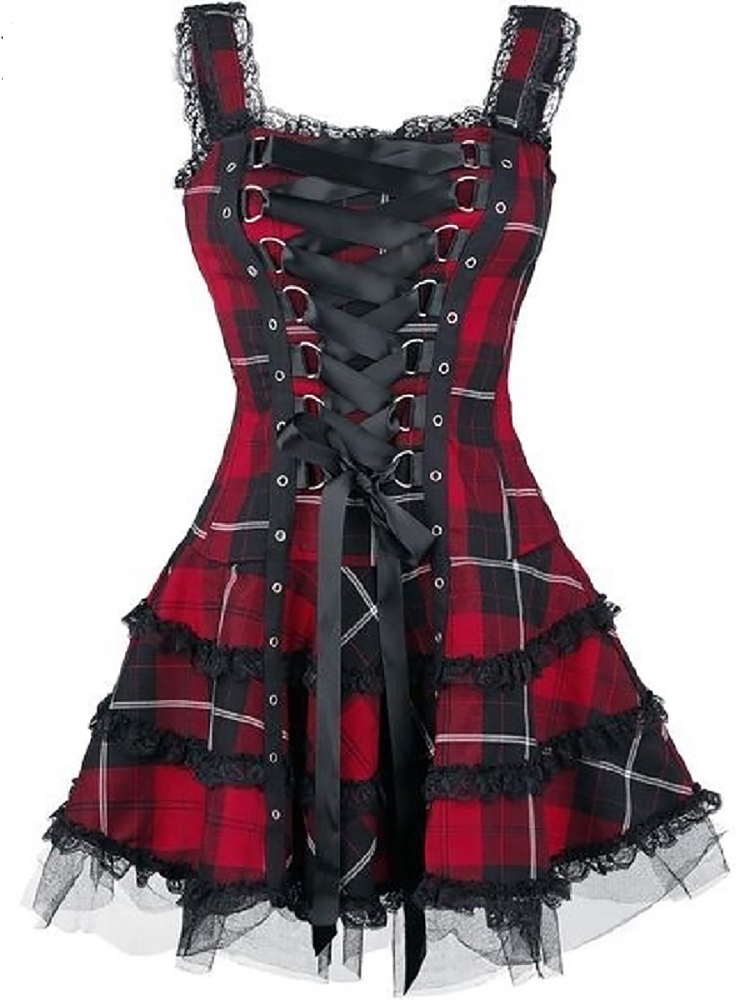 Mini robe bandage à carreaux vintage pour femmes, robes gothiques A-ligne, garniture en dentelle esthétique grunge, patchwork, punk, batterie, vêtements de fête sexy