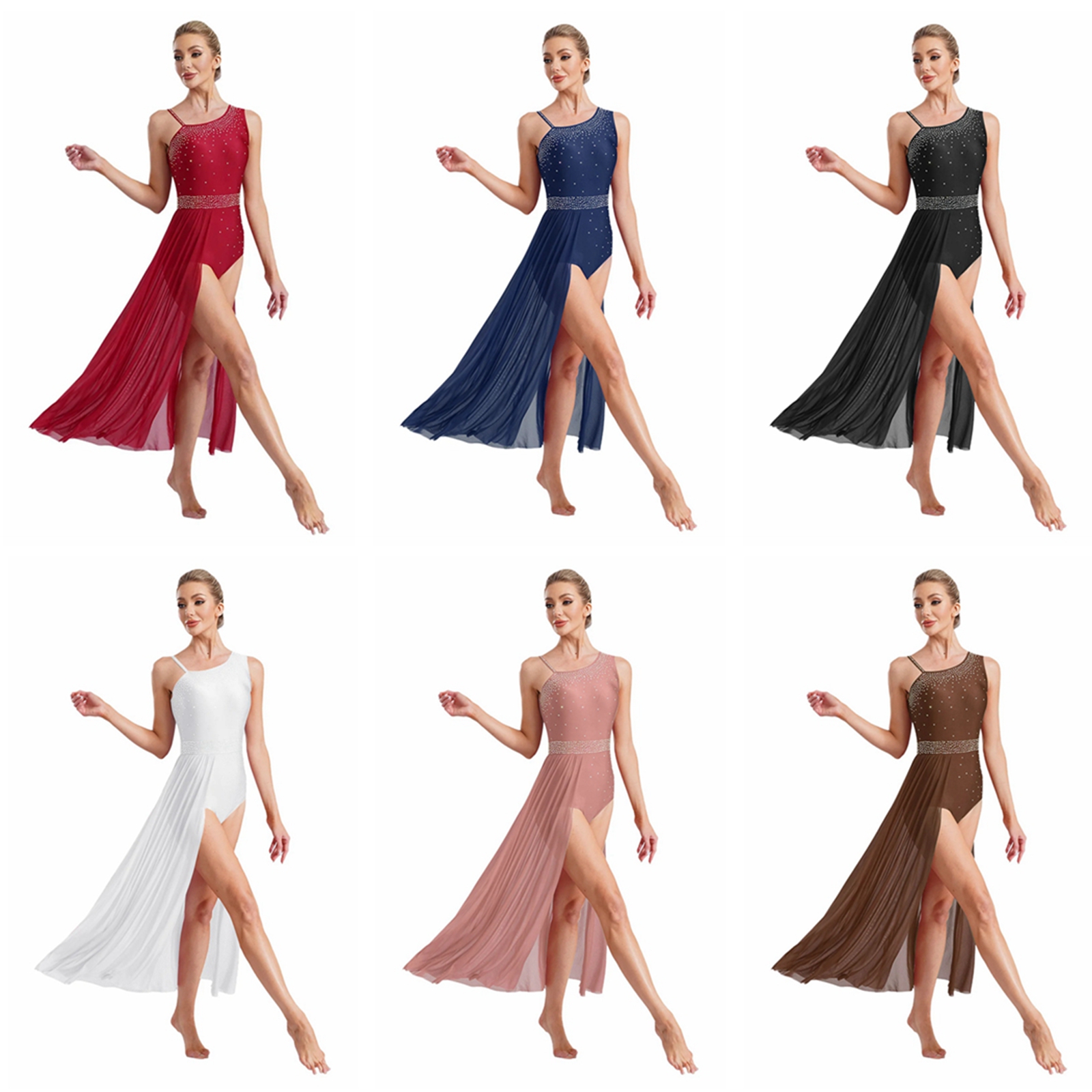Costume de danse lyrique sans manches pour femmes et filles, justaucorps contemporain avec strass brillants, robe fendue haute, vêtements de danse de salle de bal modernes