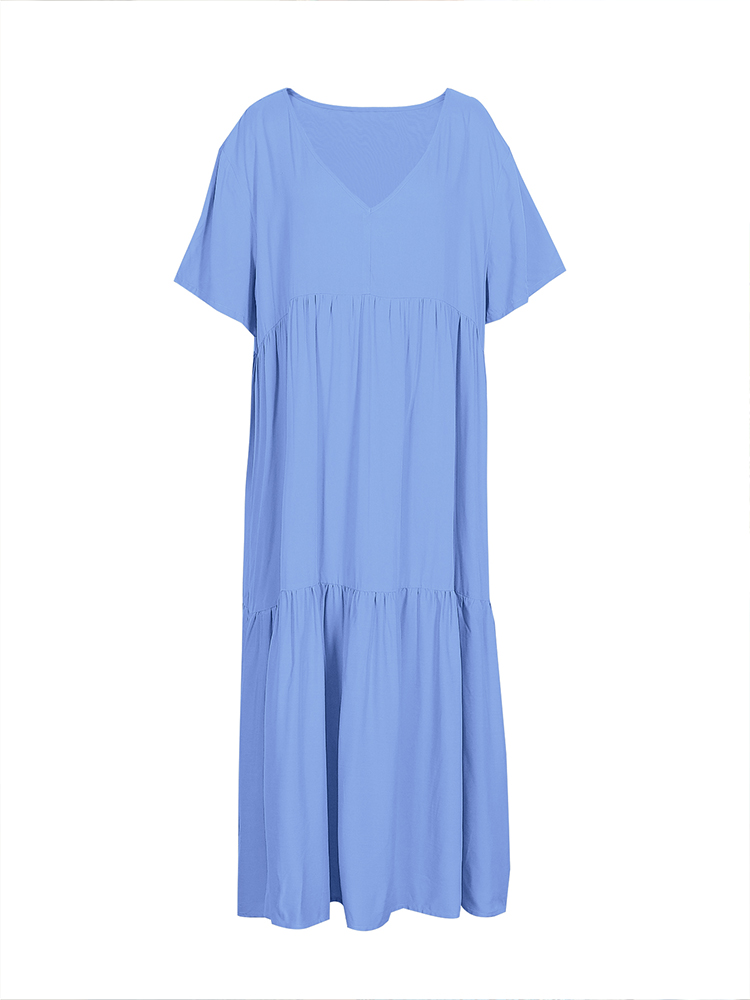Robe longue décontractée pour femmes grandes tailles, coupe ample, col en V, couleur unie ; Robe plissée pour femmes grandes tailles printemps/été
