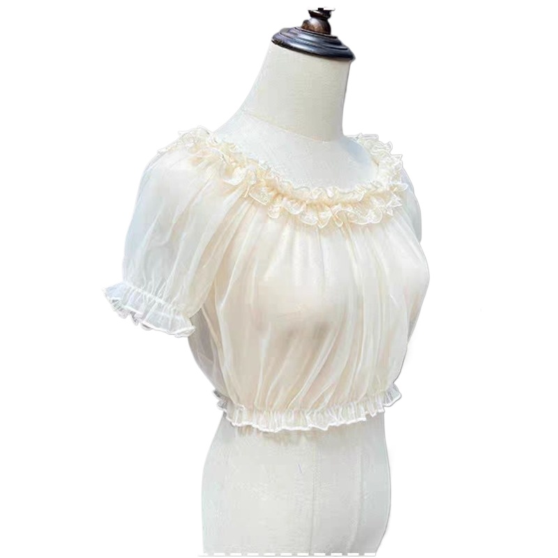 Chemisier transparent en dentelle et maille, haut court Lolita, manches courtes, léger, chemise Lolita douce pour femmes, épaules dénudées, à volants en dentelle, été