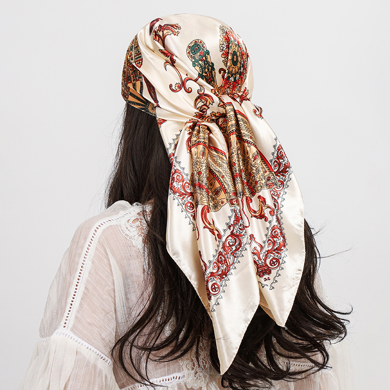 Foulard carré en soie imprimé pour femmes, châle en Satin musulman, Hijab, foulard enveloppant, bandeau, poignée, accessoires pour cheveux, Bandana