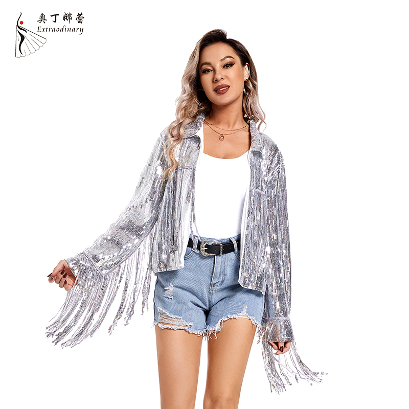 Veste à Paillettes à Manches sulfpour Femme, Punk, Pampille Scintillante, Revers, Ouvert sur le Devant, Blazer Gothique, Fille, CombY2K
