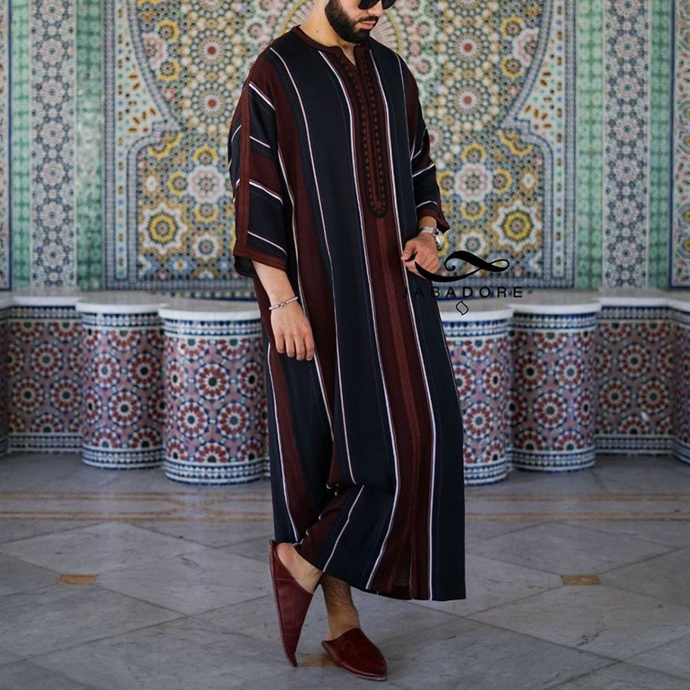 Hommes musulmans Robe longue saoudien islamique rayure impression Abaya Caftan dubaï arabe Eid Maroc Thobe Jubba Jalabiya été Ramadan 2024