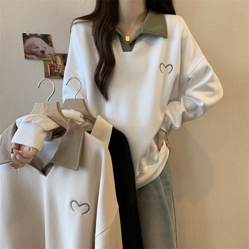 Haut à manches longues à revers, style décontracté, ample et léger, pour femme, grande taille, nouvelle collection printemps-automne