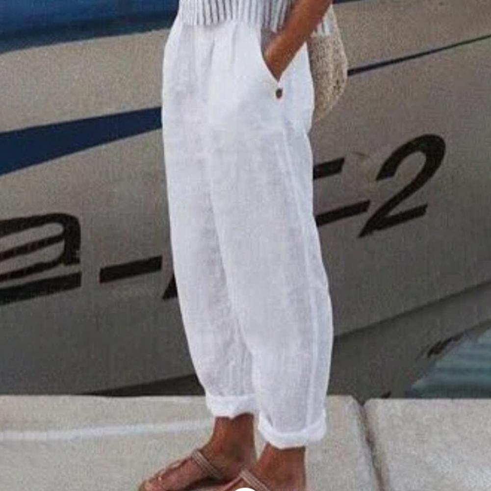Coton lin femmes sarouel couleur unie poches été taille élastique Baggy pantalon couleur Pure pantalons de survêtement élégant pantalons décontractés