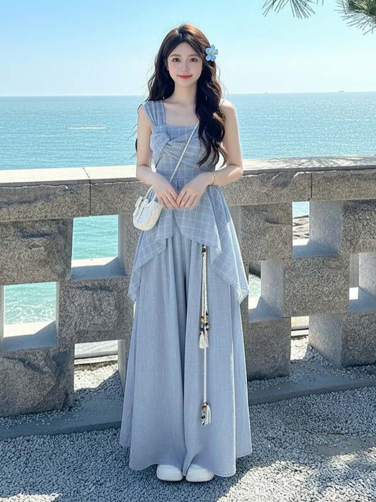 Ensemble 2 pièces coréen tendance à carreaux avec haut torsadé asymétrique et pantalon large taille haute pour femmes et jeunes filles – Idéal pour l'été et le quotidien