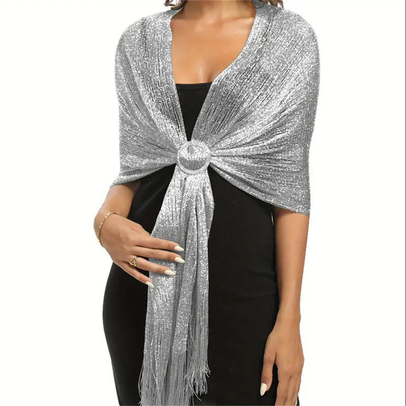 Châle décoratif pour femmes, écharpe à pampilles en soie dorée et argentée pour jeu de plage, avec boucle, tenue de dîner, de danse, de mariage