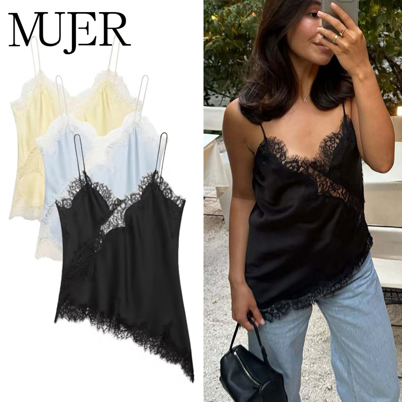 MUJER femmes hauts noir dentelle haut femme Sexy dos nu hauts pour femmes Camisole hauts sans manche femme Coquette réservoirs Camis hauts