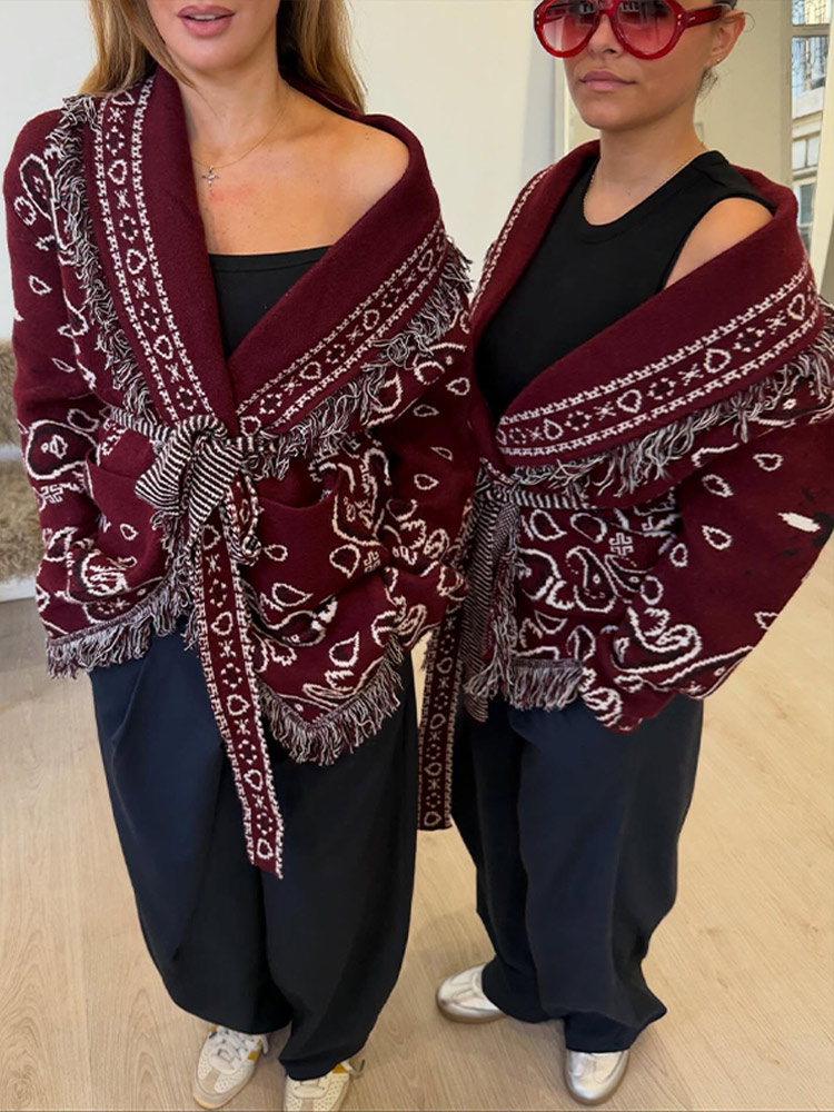 Cardigan en tricot imprimé Boho pour femmes, haut à franges, ceinture, pull à manches longues, manteau à lacets, nouvelle tenue d'extérieur de rue, 2025