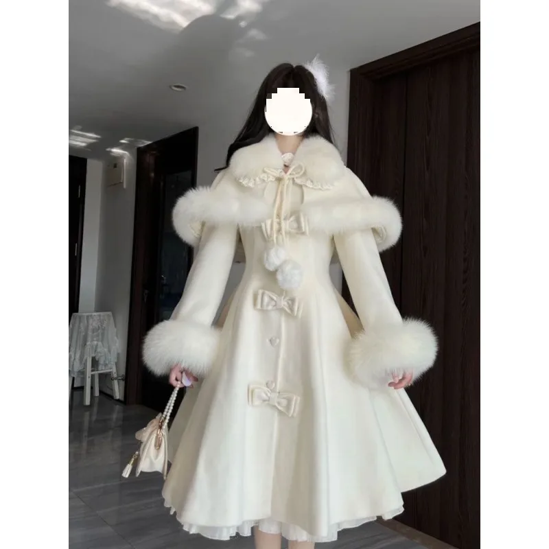 2025 mode tempérament manteau Cape châle deux sur l'hiver nouveau dames papillon arc couleur unie moyen Long col manteau pour les femmes