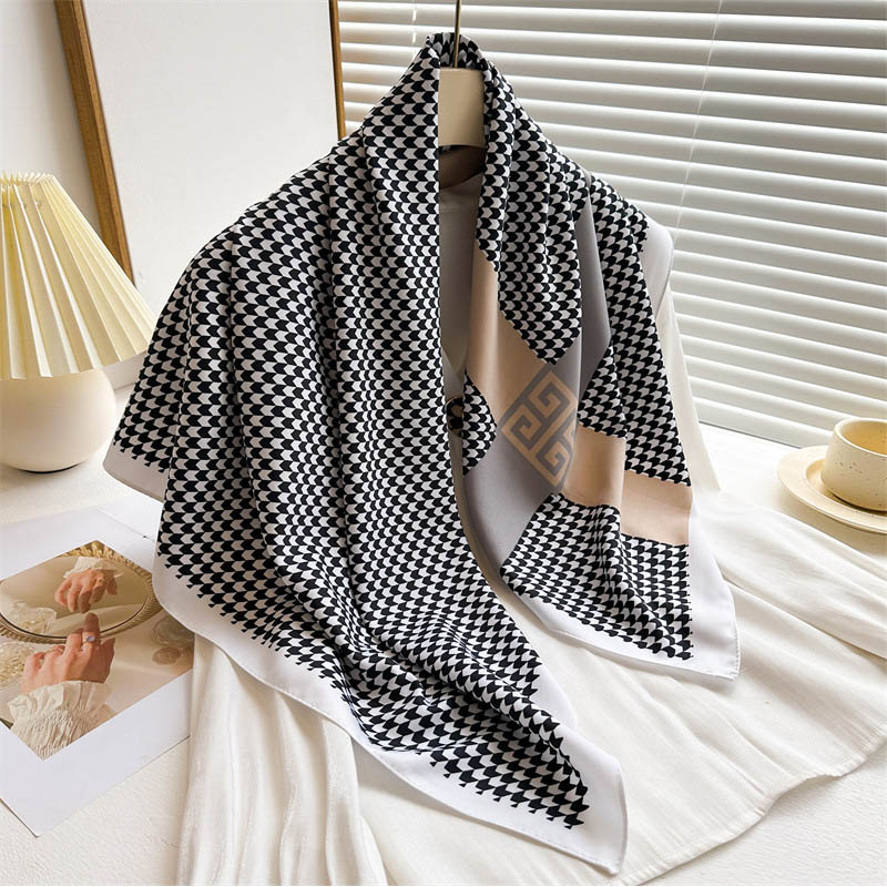 Écharpe carrée de luxe à motif pied-de-poule 90*90cm pour femmes, châle doux pour le cou, foulard élégant, bandana, faux hijab en soie pour les voyages
